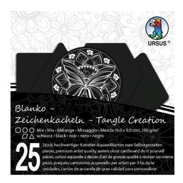 Zeichenkacheln-Tangle, schwarz, 25Blatt, 5 Formen