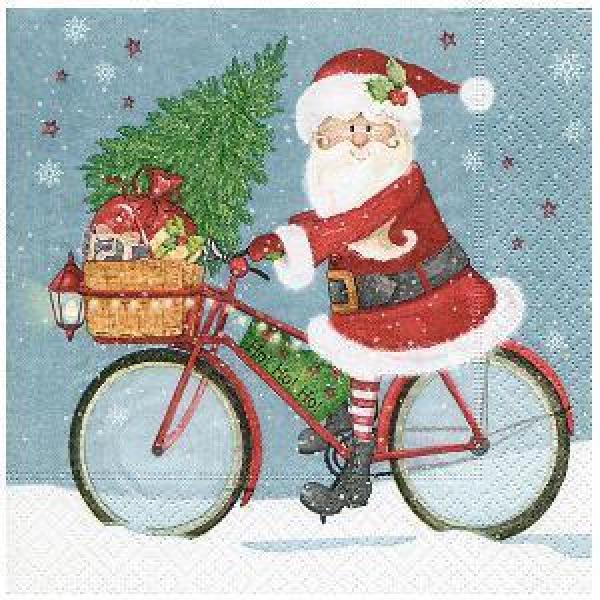 Serviette, "Nikolaus auf einem Fahrrad ",33x33cm